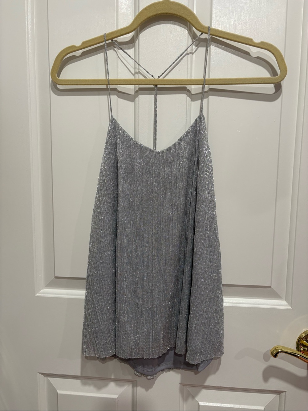Silver Spaghetti-Strap Pleated Top Express Small